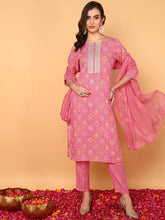 Women Pink Poly Cotton Bandhani Printed Straight Kurta Trouser With Dupatta